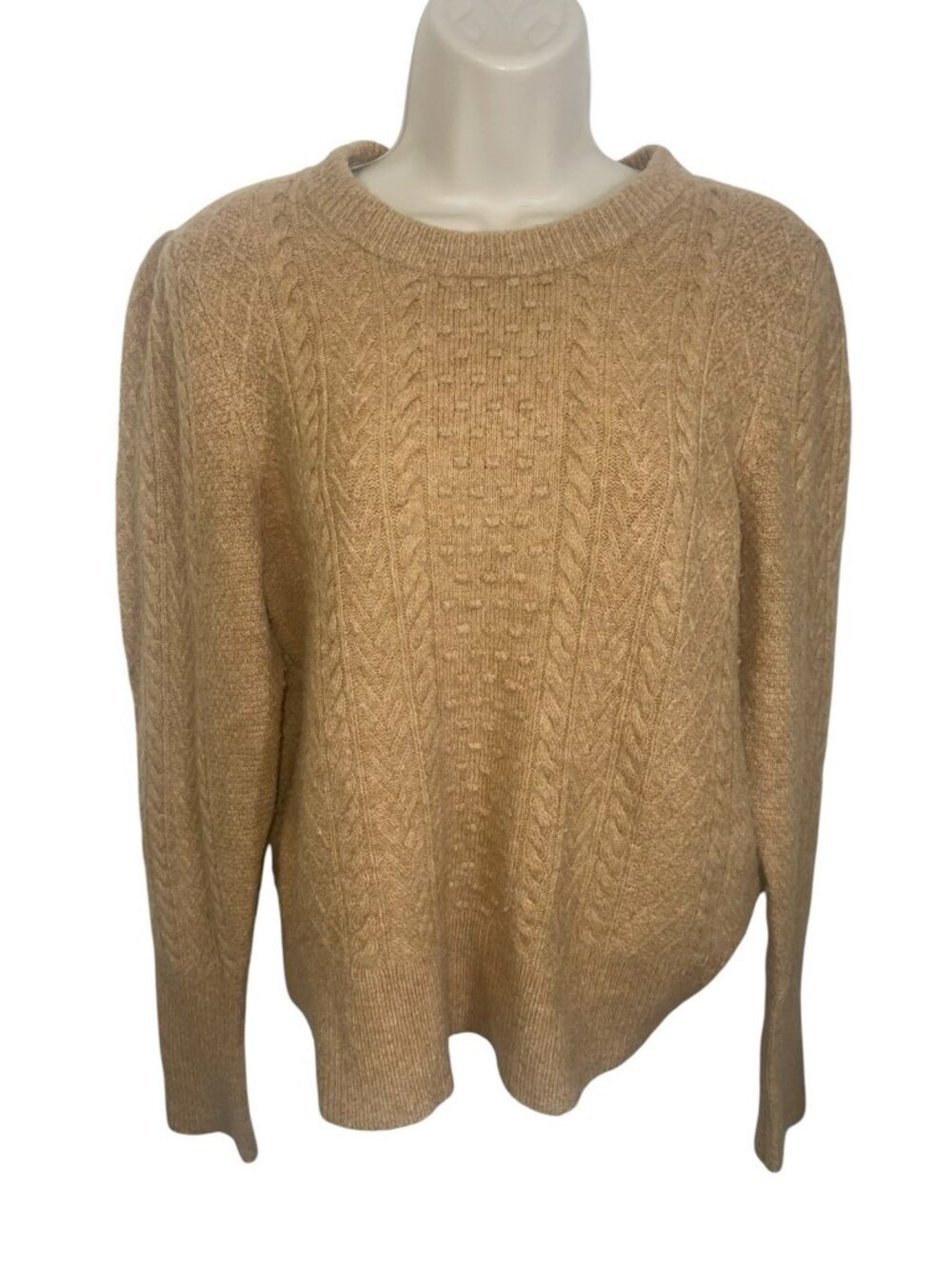 J CREW Women's Size Medium Stretch Wool-blend Cable-knit Crewneck Beige Sweater